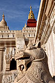 Ananda temple Bagan, Myanmar. Double bodied lions, Manukthiha, guard each corner of the temple base.